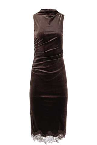 Mo Dress in Dark Toffee featuring rich chocolate-brown velvet, a draped neckline, flattering side ruching, and a delicate lace-trimmed midi hem.
