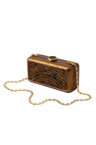 Brackish Le Marais Metallic Clutch with handcrafted feather detailing, metallic lambskin leather, and removable gold chain strap