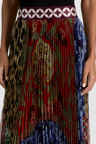 Alice + Olivia Katz Midi Skirt in Off The Grid multicolor print with a contrasting waistband and flowing asymmetrical hem.