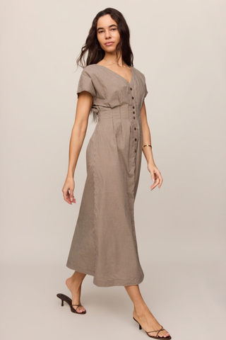 Z Supply Sanna Gingham Midi Dress in Dark Chocolate featuring a button-front silhouette and classic gingham print.