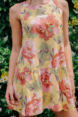 Love the Label Jasmyn Mini Dress Modern Dandy Liberty Print yellow floral sleeveless mini dress with drop waist and flounced hem