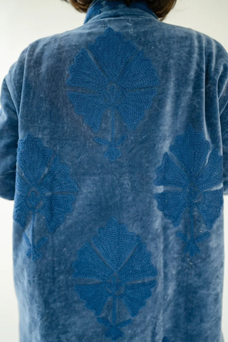 Eleanor James Brand Sgt. Pepper Crew Jacket in Midnight Rider featuring green velvet with navy hand-finished Suzani embroidery.