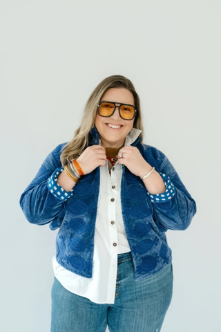 Eleanor James Brand Sgt. Pepper Crew Jacket in Midnight Rider featuring green velvet with navy hand-finished Suzani embroidery.