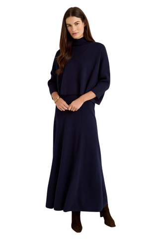 Marie Oliver Jemma Skirt in Navy featuring a structured knit fabric, ribbed waistband, and flowing fit-and-flare maxi silhouette.