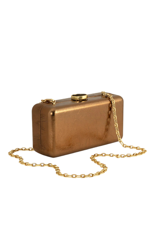 Brackish Le Marais Metallic Clutch with handcrafted feather detailing, metallic lambskin leather, and removable gold chain strap