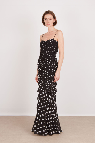 SALONI Niki Maxi Dress in Polka Scatter featuring a black and white polka-dot print, fitted bodice, thin straps, and floor-length skirt.