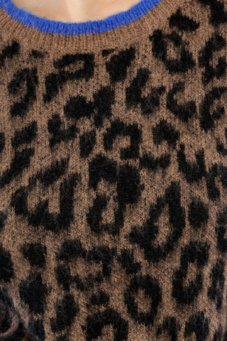 Molly Bracken Knitted Sweater in brown and black leopard print with contrasting blue trim.