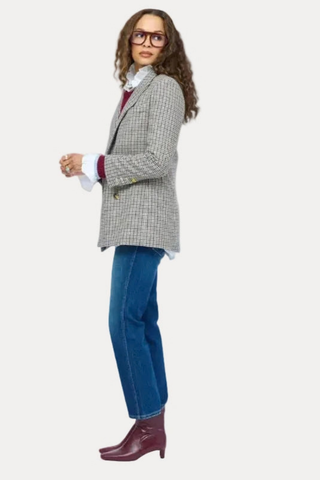 Kerri Rosenthal Mr. Frenchie Blazer in multi houndstooth featuring a double-breasted silhouette, heart buttons, and tailored fit.