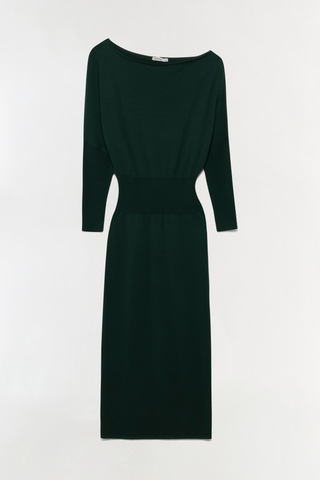 SIMKHAI Janese Off Shoulder Midi Dress in deep Everglade green with long sleeves, a fitted waist, and straight midi skirt.