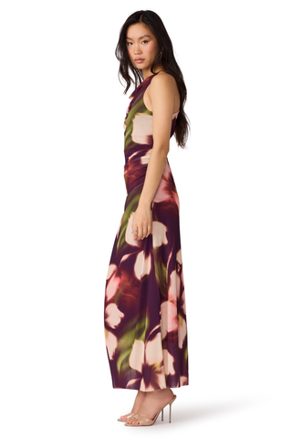 Steve Madden Rylen Dress in Blurry Floral, a sleeveless maxi dress featuring an abstract floral print in wine, blush, cream, and green.
