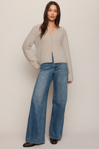 Z Supply Winterglow Fluffy Cardigan in Frosted Pearl featuring a soft beige knit, crew neckline, button front, and long sleeves.