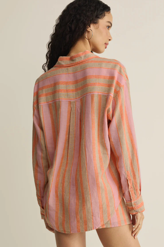 Z Supply The Perfect Striped Linen Button Up featuring coral and pink vertical stripes, relaxed fit, chest pocket, and lightweight linen blend fabric