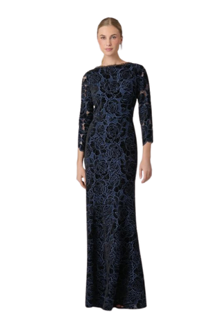 Shoshanna Brianna Dress in Jet and Navy featuring velvet lace, scalloped neckline, three-quarter sleeves, and a floor-length mermaid silhouette.