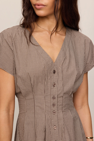 Z Supply Sanna Gingham Midi Dress in Dark Chocolate featuring a button-front silhouette and classic gingham print.