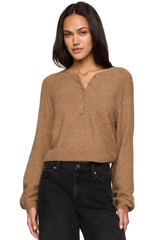 Z Supply Westmont Henley Sweater in Golden Caramel featuring a button-front henley neckline, raglan sleeves, and soft brushed knit.
