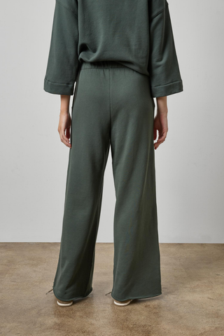 Lilla P Full Length Terry Pant in Mineral green featuring front pleats and a relaxed full-length trouser-inspired silhouette.