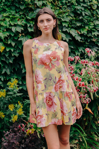 Love the Label Jasmyn Mini Dress Modern Dandy Liberty Print yellow floral sleeveless mini dress with drop waist and flounced hem