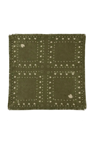 Kerri Rosenthal Cashmere Bandana in Dark Sage featuring soft green featherweight cashmere, Imperfect Hearts artwork, and fringe trim.