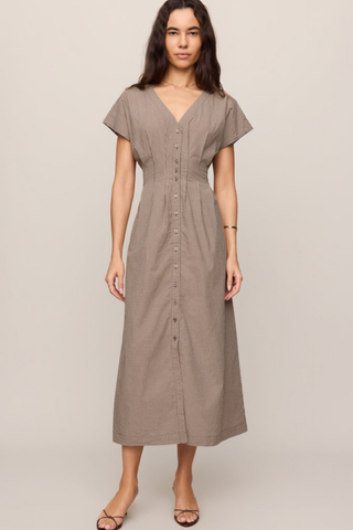 Z Supply Sanna Gingham Midi Dress in Dark Chocolate featuring a button-front silhouette and classic gingham print.