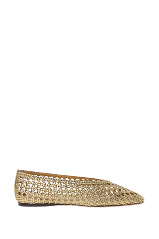 Loeffler Randall Emery Ballet Flat in gold crocheted leather featuring a square toe silhouette and woven metallic texture
