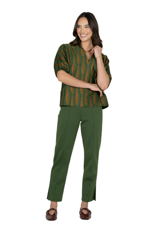 Emily McCarthy Poppy Top in Tuscan Villa, a green and brown printed short sleeve blouse with a stand collar and relaxed fit.