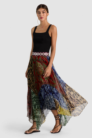 Alice + Olivia Katz Midi Skirt in Off The Grid multicolor print with a contrasting waistband and flowing asymmetrical hem.