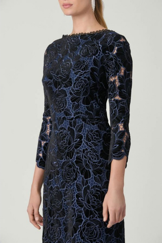 Shoshanna Brianna Dress in Jet and Navy featuring velvet lace, scalloped neckline, three-quarter sleeves, and a floor-length mermaid silhouette.