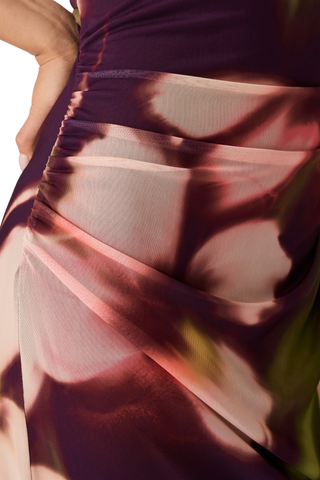 Steve Madden Rylen Dress in Blurry Floral, a sleeveless maxi dress featuring an abstract floral print in wine, blush, cream, and green.