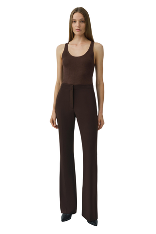 SIMKHAI Kenna Trouser in chocolate brown featuring a high-rise waist, tailored fit, and subtly flared leg.