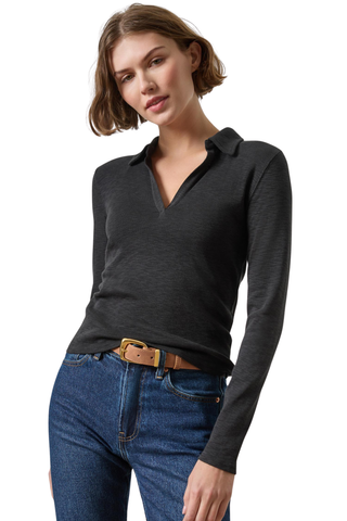 Lilla P Long Sleeve Polo Tee in Black featuring a ribbed cotton knit, polo collar, split neckline, and slim long-sleeve silhouette.