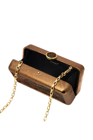 Brackish Le Marais Metallic Clutch with handcrafted feather detailing, metallic lambskin leather, and removable gold chain strap