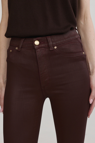 DL1961 Bridget Boot Crop Jean in Vin Rouge Coated featuring a high-rise fit, cropped bootcut leg, rich wine-red coated denim, and gold hardware.