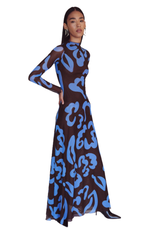 De Loreta Myanmar Dress in Nory Moca featuring a long-sleeve maxi silhouette with a brown and blue abstract print.