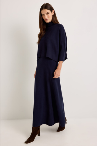 Marie Oliver Jemma Skirt in Navy featuring a structured knit fabric, ribbed waistband, and flowing fit-and-flare maxi silhouette.