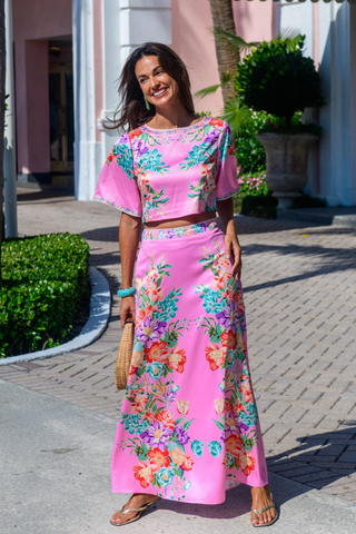 Pink floral satin waist-length top with short sleeves by Elizabeth James