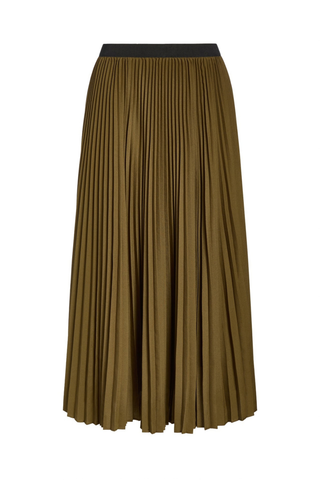Marie Oliver Wesley Skirt in Juniper Green featuring a pleated A-line maxi silhouette and contrasting black waistband.