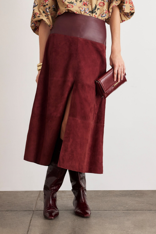 Tanya Taylor Combo Hudson Skirt in Deep Redwood featuring a burgundy suede A-line silhouette with a contrasting leather waistband and front slit.