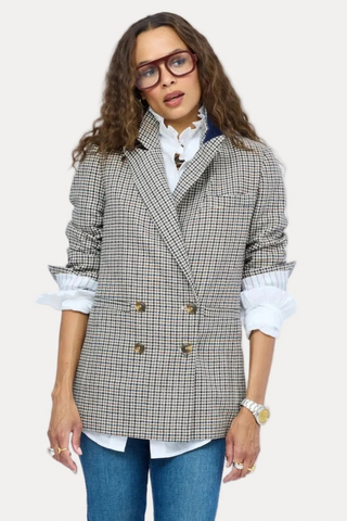 Kerri Rosenthal Mr. Frenchie Blazer in multi houndstooth featuring a double-breasted silhouette, heart buttons, and tailored fit.
