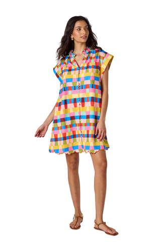 Crosby Lee Lee Dress Prism multicolor printed mini dress with ruffle neckline and cap sleeves