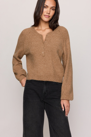 Z Supply Westmont Henley Sweater in Golden Caramel featuring a button-front henley neckline, raglan sleeves, and soft brushed knit.