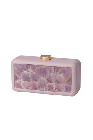 Brackish Le Marais Pink Peacock Clutch with handcrafted feather panel, blush lambskin leather, and removable gold chain strap