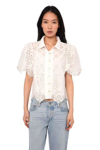 Love the Label Abigail Top Bright White eyelet embroidered short sleeve blouse with button front and scalloped hem