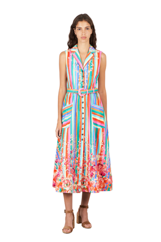 Multicolor striped and floral SALONI midi dress with belt and button front
