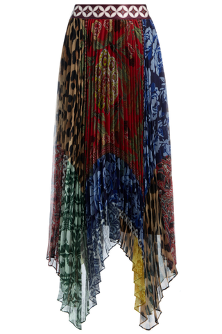 Alice + Olivia Katz Midi Skirt in Off The Grid multicolor print with a contrasting waistband and flowing asymmetrical hem.