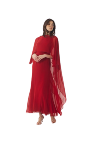 Elegant red gown with flowing chiffon cape sleeves.