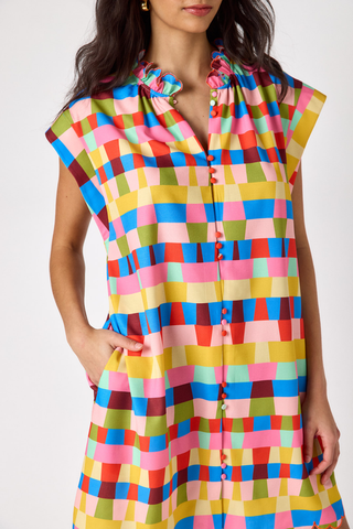 Crosby Lee Lee Dress Prism multicolor printed mini dress with ruffle neckline and cap sleeves