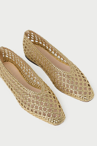 Loeffler Randall Emery Ballet Flat in gold crocheted leather featuring a square toe silhouette and woven metallic texture