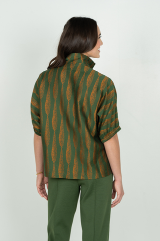 Emily McCarthy Poppy Top in Tuscan Villa, a green and brown printed short sleeve blouse with a stand collar and relaxed fit.