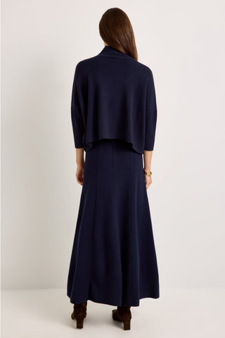 Marie Oliver Jemma Skirt in Navy featuring a structured knit fabric, ribbed waistband, and flowing fit-and-flare maxi silhouette.