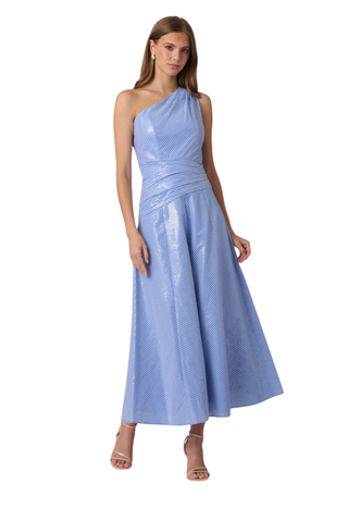 Shoshanna Nikki dress in french blue optic with sleeveless midi silhouette